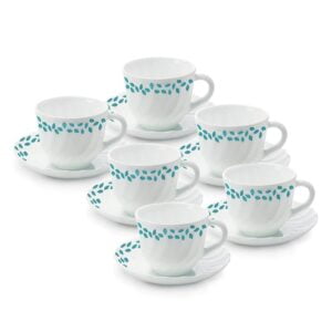 Larah by BOROSIL Blue Leaves Cup and Saucer Set,220ml,12Pcs