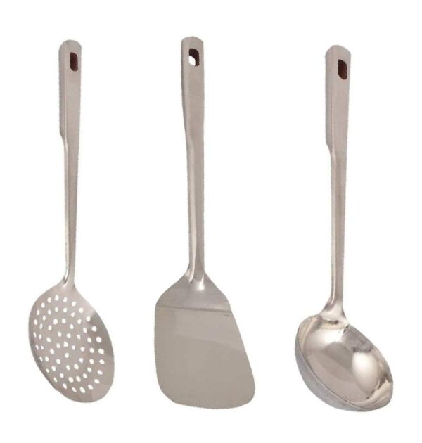 Combo 3 Pieces Stainless Steel Poni Strainer, Palta & Chamcha with Long Handle
