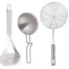 Stainless Steel Kitchen Combo Set of Potato Vegetables Pav Bhaji Masher, Aluminium Tadka Pan & Deep Fry Oil Strainer Jhara